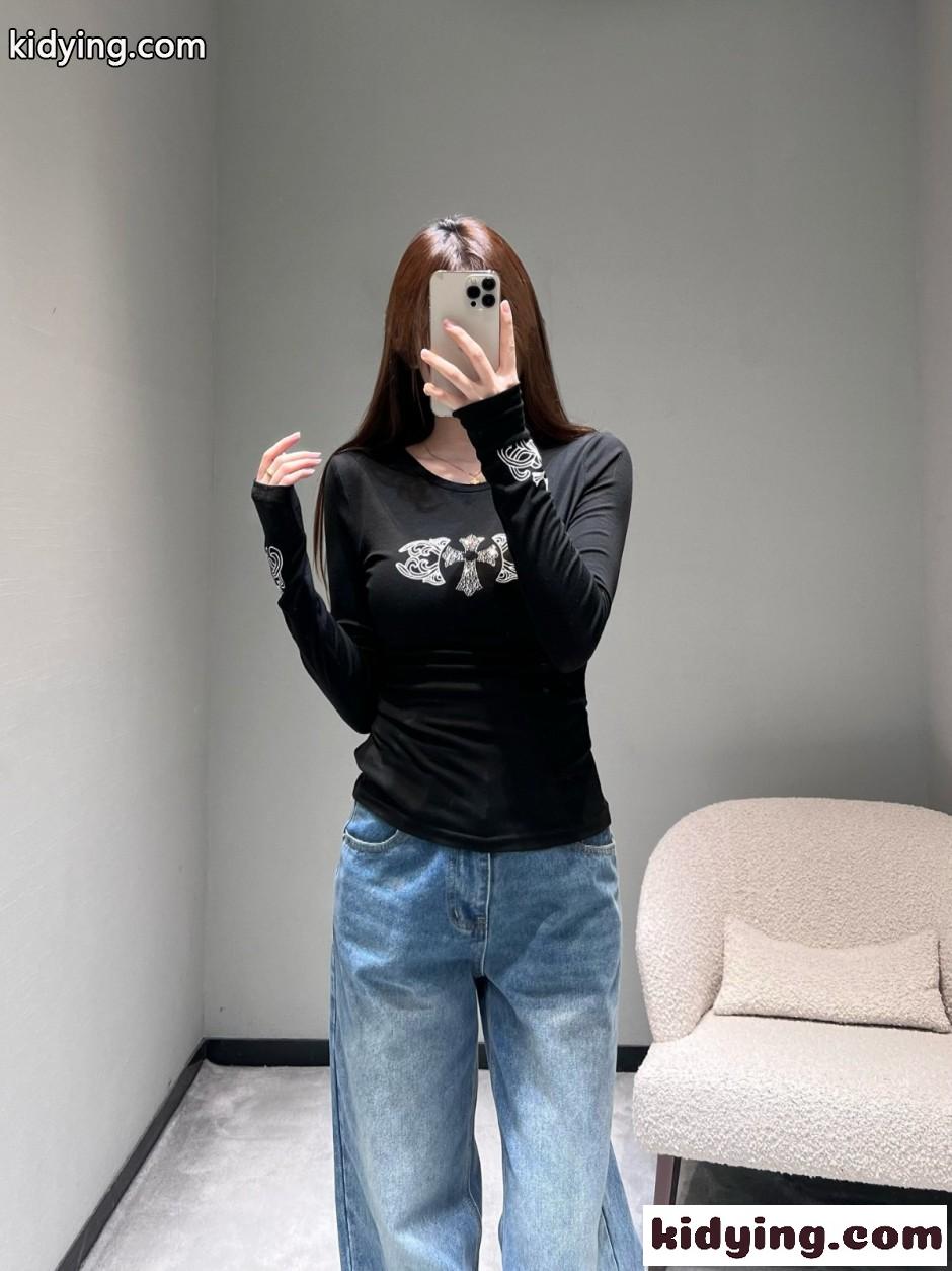 シンプル スタイリッシュ クルーネック 長袖Tシャツ クロムハーツ Tシャツ 偽物 ブラック-4