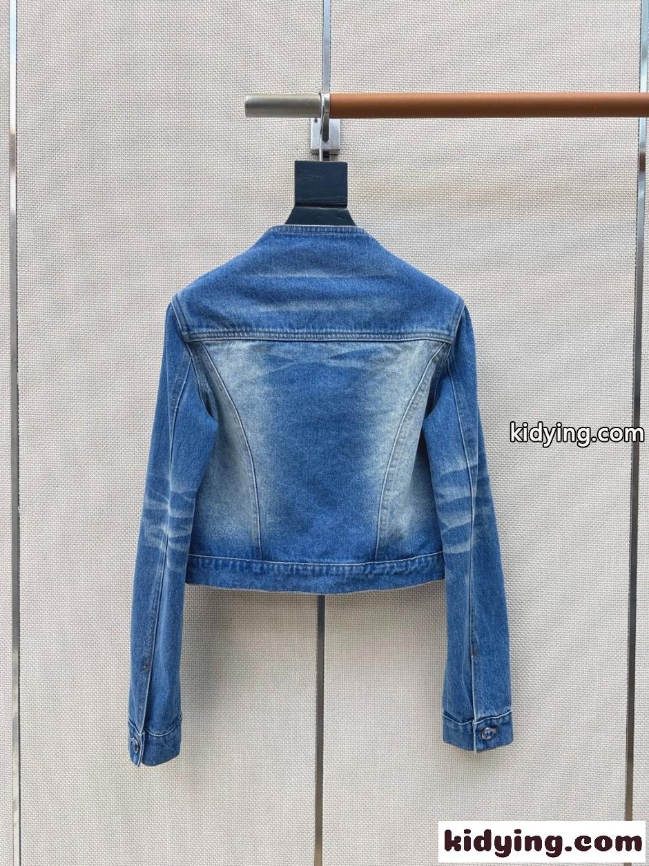 シャネル ジャケット 偽物 カメリア ノーカラー デニムジャケット クロップド丈-4