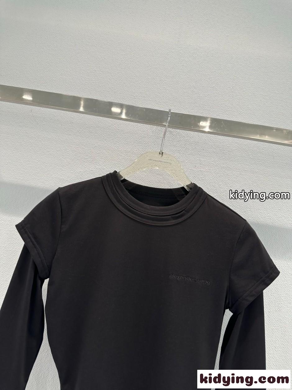 アシンメトリー レイヤード風 長袖Tシャツ アレキサンダーワング Tシャツ コピー ブラック-2