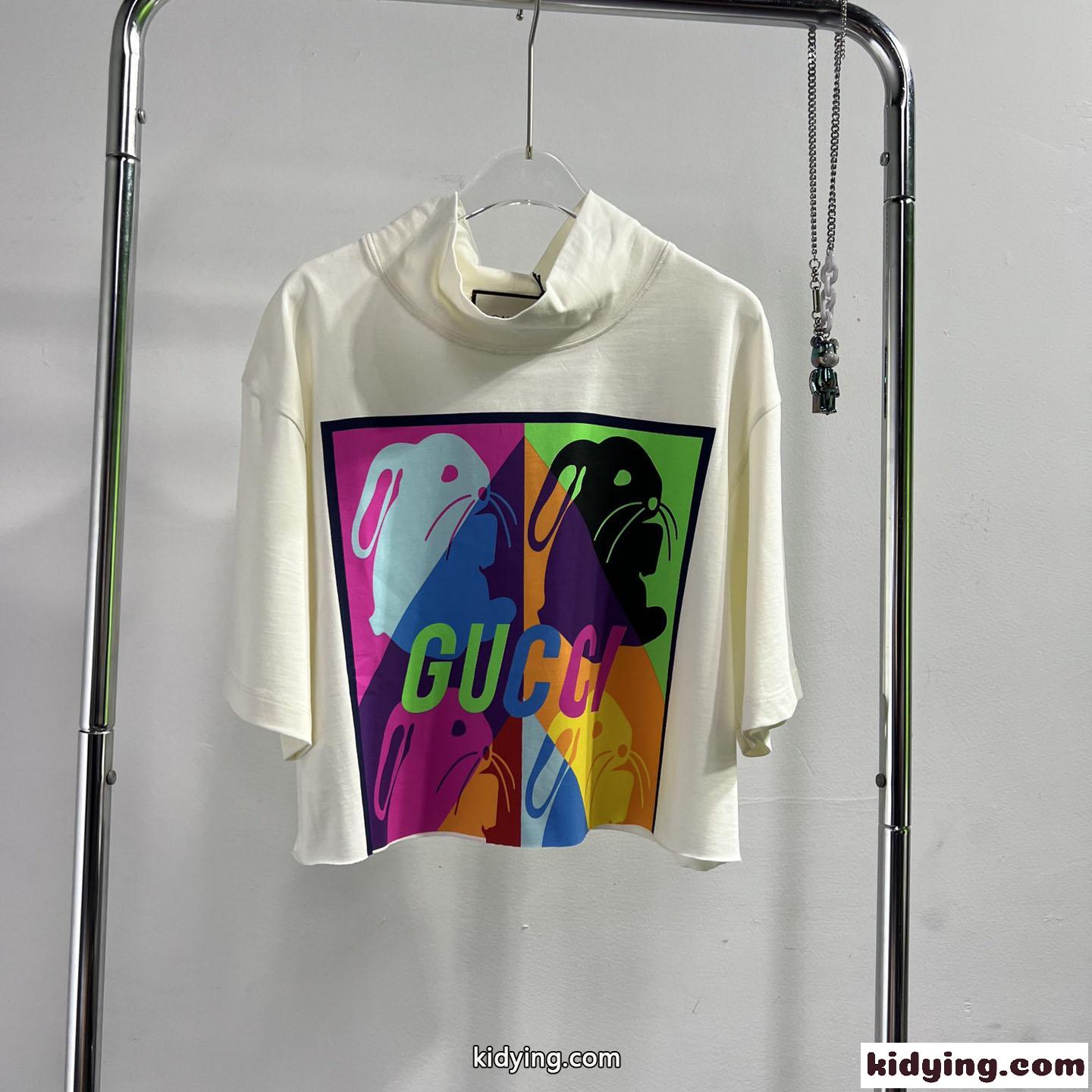 可愛い バニー プリント コットン ハイネック 半袖 Tシャツ グッチ Tシャツ コピー-0