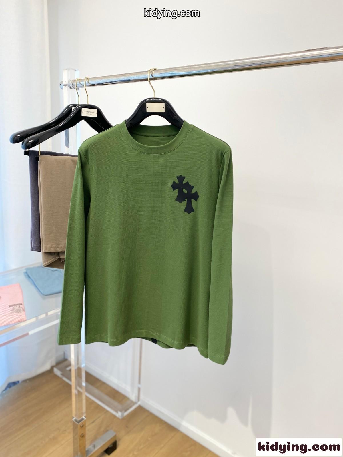 シンプル クロスロゴ クルーネック クロムハーツ Tシャツ コピー 長袖Tシャツ グリーン-0