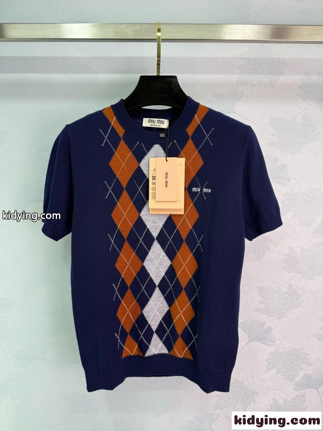 アーガイル柄 カシミヤ 半袖ニット ミュウミュウ ニットウェア コピー クルーネック-0