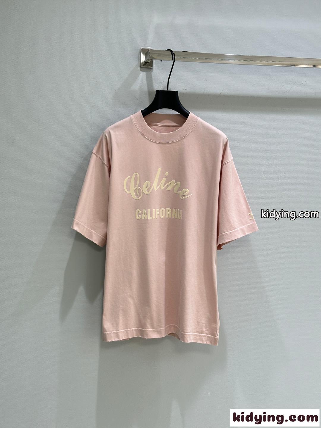 ユニセックス ゆったり 半袖Tシャツ セリーヌ Tシャツ コピー クルーネック ピンク-0