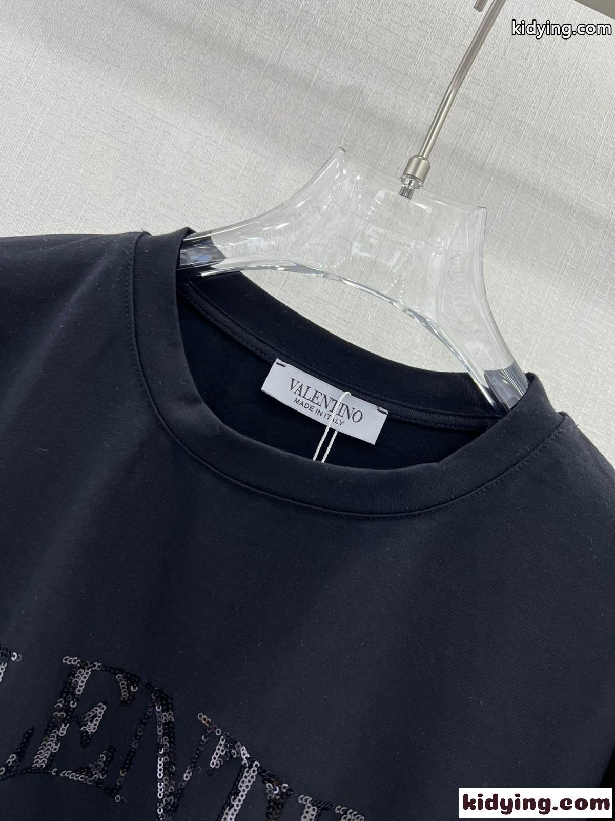 シンプル スパンコールロゴ クルーネック ヴァレンティノ Tシャツ コピー ブラック-4