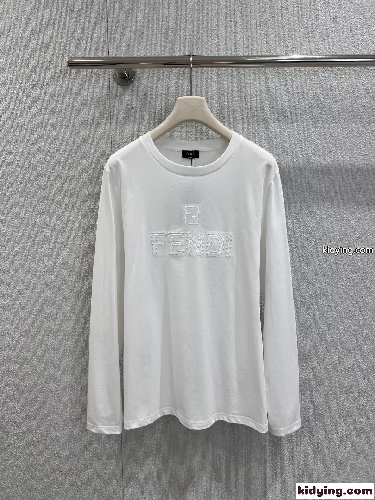 シンプル ロゴ入り 長袖Tシャツ フェンディ Tシャツ 偽物 コットン ホワイト-1