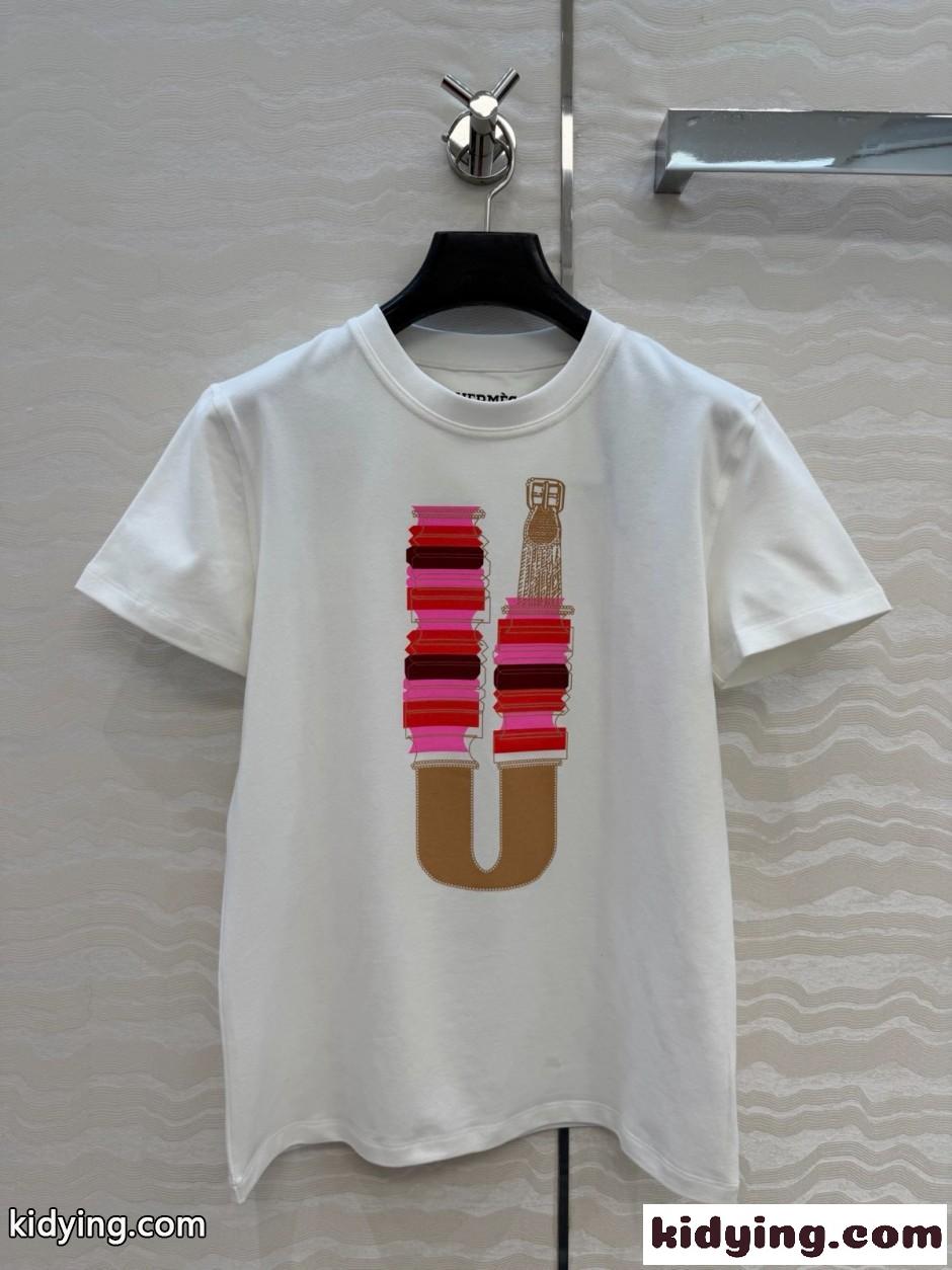 プリント入り コットン 半袖Tシャツ エルメス Tシャツ スーパーコピー ホワイト-0