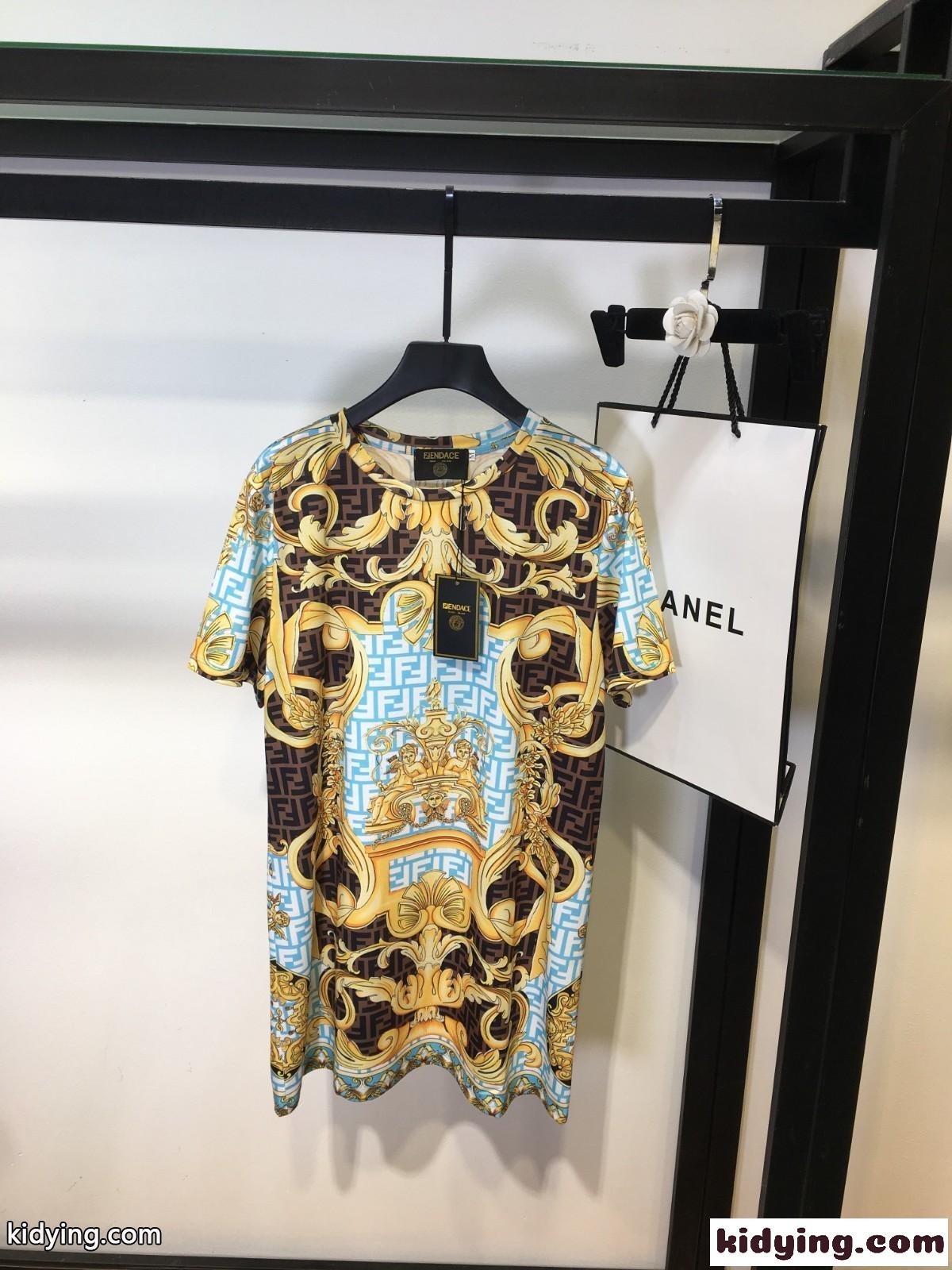 Fendi x Versace コラボ 新作 プリント クルーネック フェンディ 半袖tシャツ コピー チュニック トップス-3