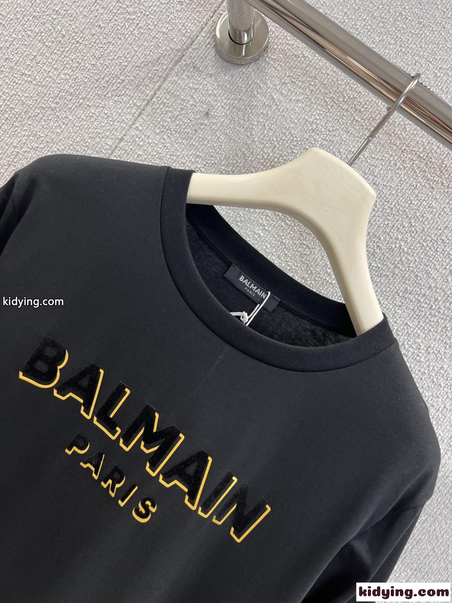 シンプル ロゴプリント 長袖Tシャツ バルマン Tシャツ コピー コットン ブラック-0