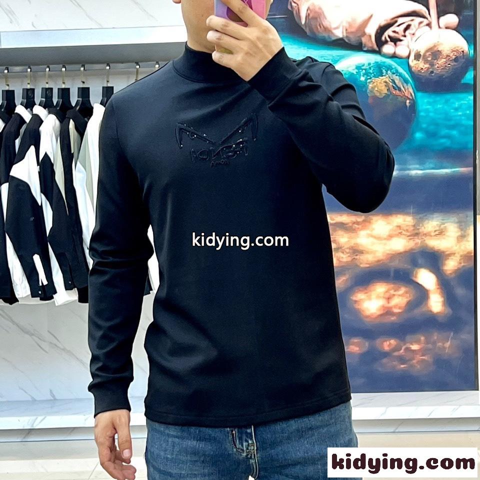ベーシック 着回し 裏起毛 コットン 長袖Tシャツ フェンディ Tシャツ コピー ブラック-1