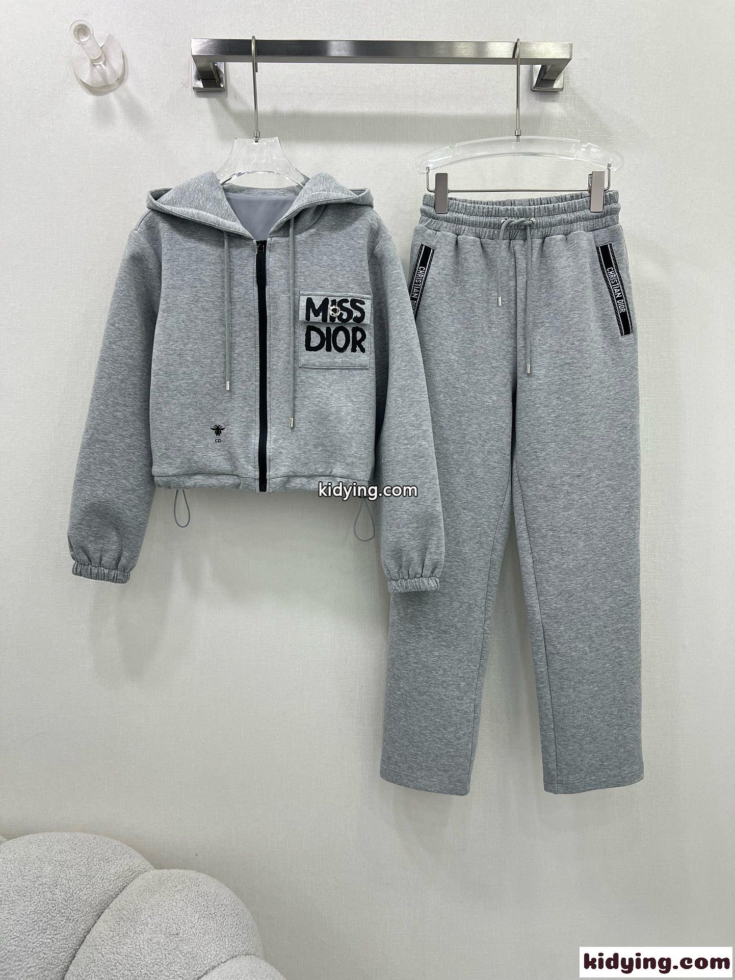 ディオールセット偽物 アウター ズボン フード付き 運動服 ロゴ刺繍 ランニングセット グレイ-0