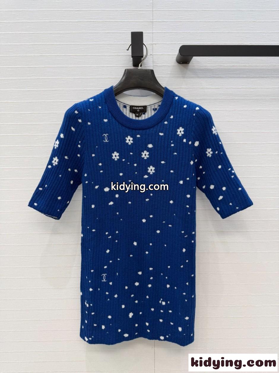 小花柄 カシミア シルク 半袖トップス シャネル ニット コピー ブルー-0