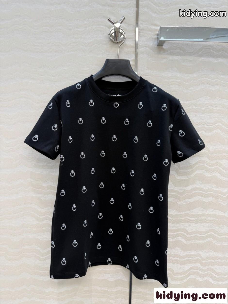 上品 カジュアル 半袖Tシャツ アノー・フィネス プリント エルメス Tシャツ コピー ブラック-0