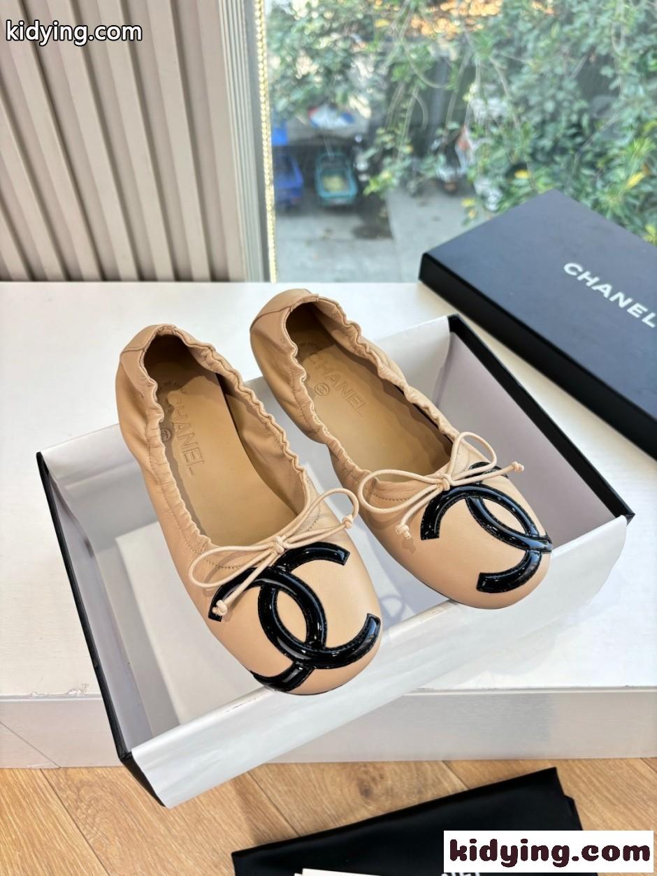 可愛い リボン バレエシューズ シャネル パンプス コピー レディースシューズ ベージュ-2