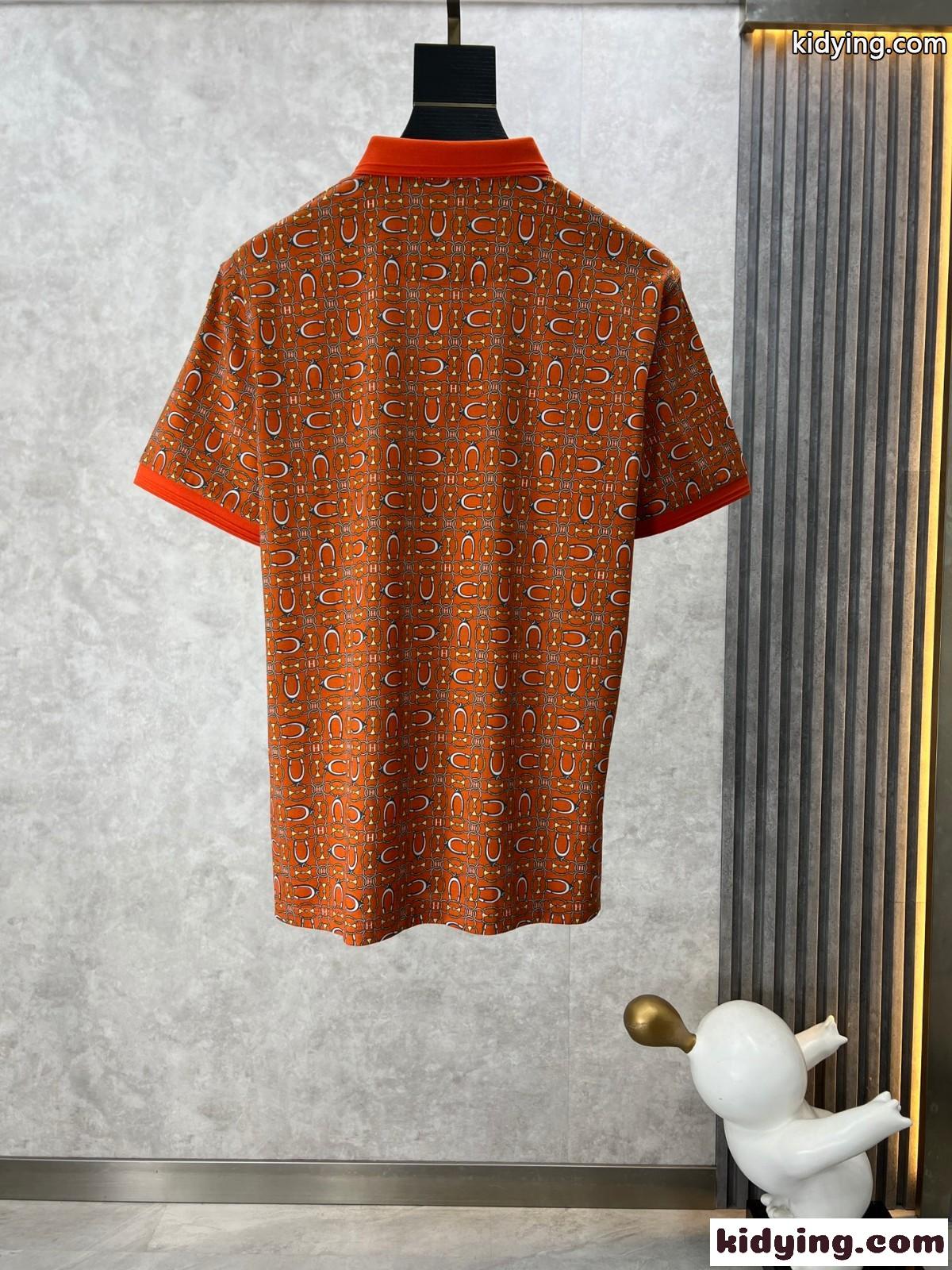 目を引く 総柄プリント 半袖 ポロシャツ エルメス Tシャツ コピー オレンジ-2