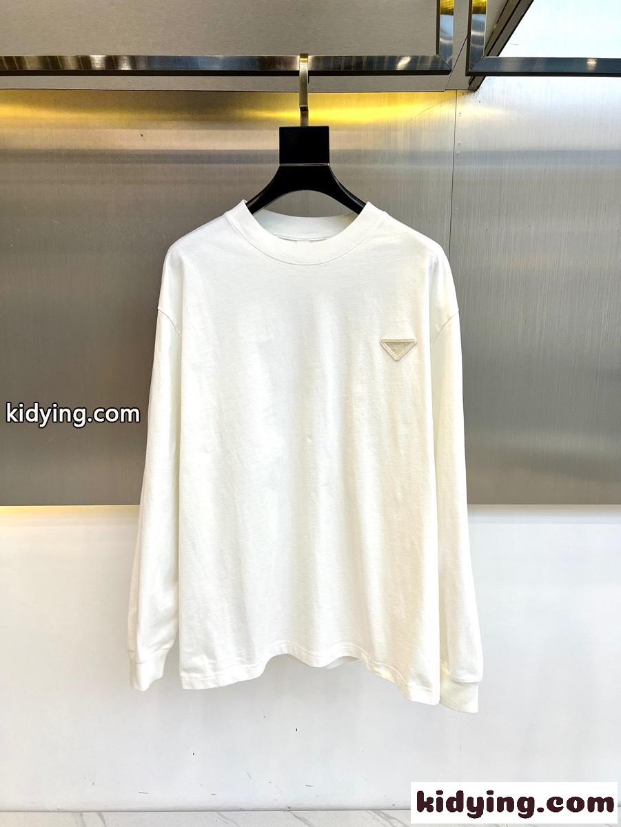 カジュアル リラックス コットン 長袖Tシャツ プラダ Tシャツ コピー ホワイト-0