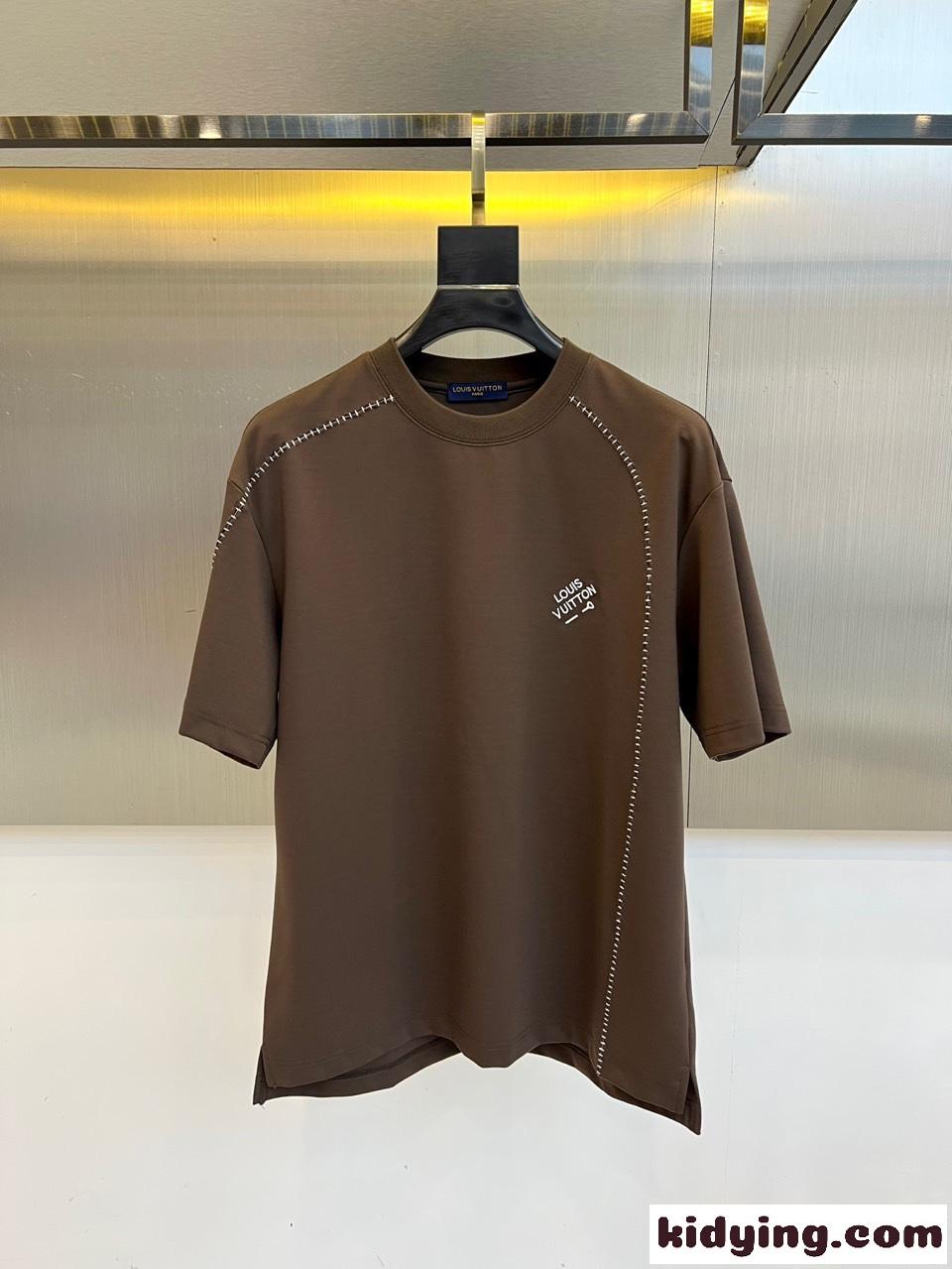 カジュアル クルーネック 半袖Tシャツ ルイ・ヴィトン Tシャツ 偽物 コットン ブラウン-0