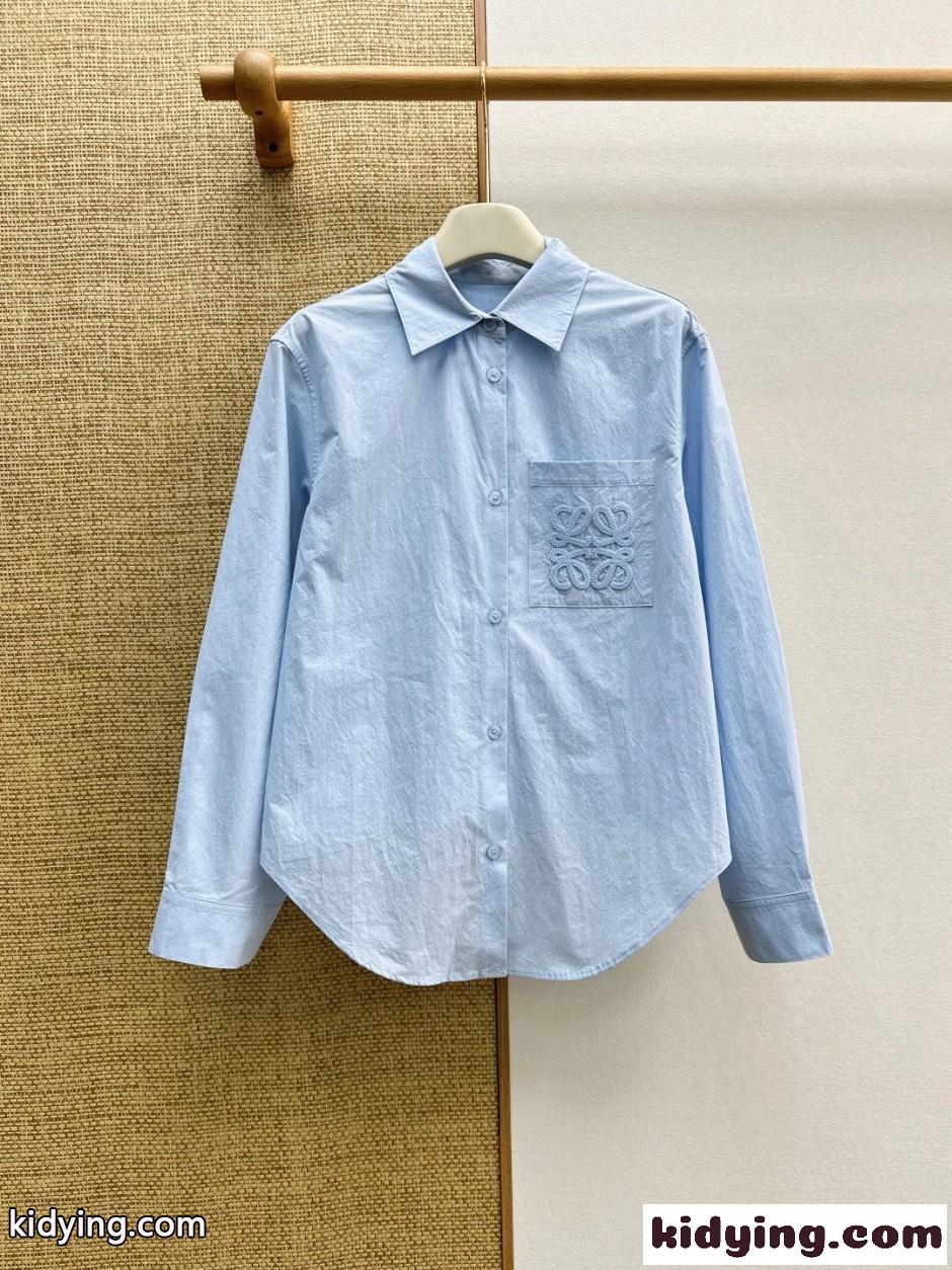 カジュアル アナグラム刺繍 コットン 長袖シャツ ロエベ シャツ 偽物 ライトブルー-2