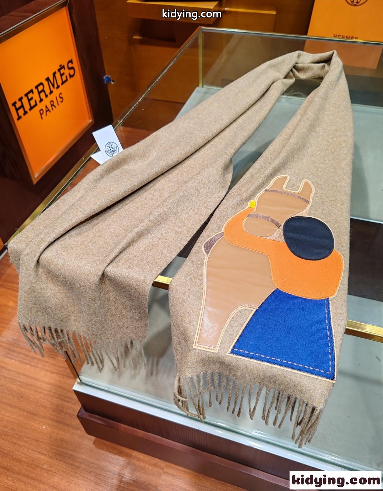 おしゃれ エレガント カシミヤ マフラー エルメス スカーフ コピー レザーパッチ-0