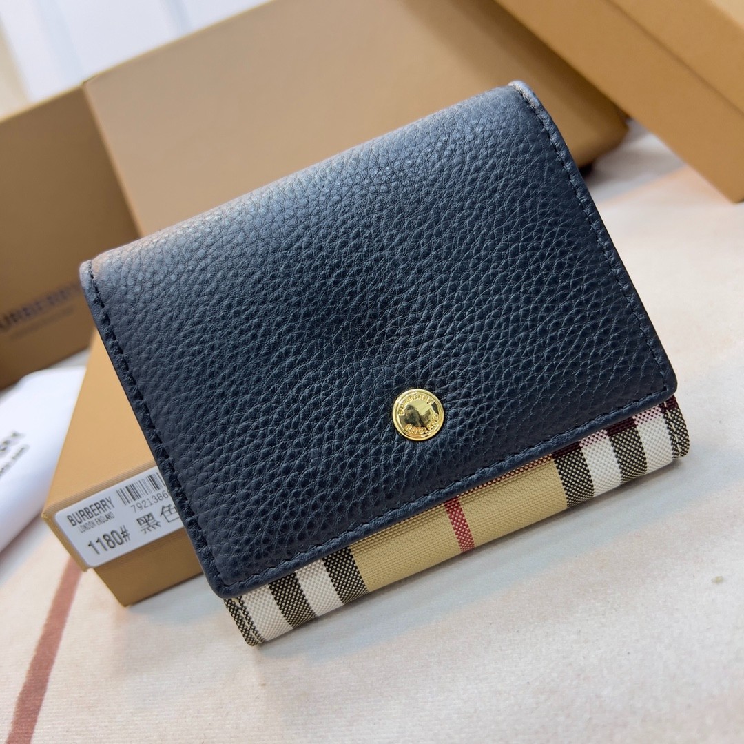 バーバリー 財布 コピー 人気 チェック＆レザー コンパクト財布 ブラック-1