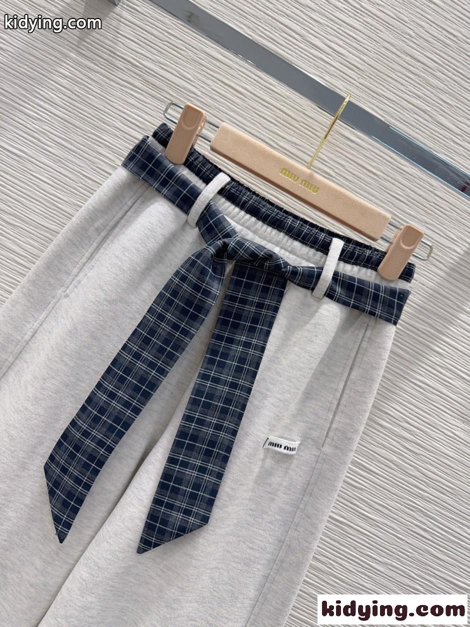 チェックベルト付き スウェットパンツ ミュウミュウ パンツ 偽物 グレー-2
