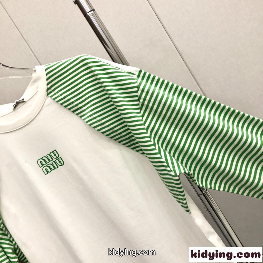 おしゃれ 重ね着風 クールネック 切り替え ミュウミュウ 長袖tシャツ コピー ストライプ プリント スタイリッシュ-1