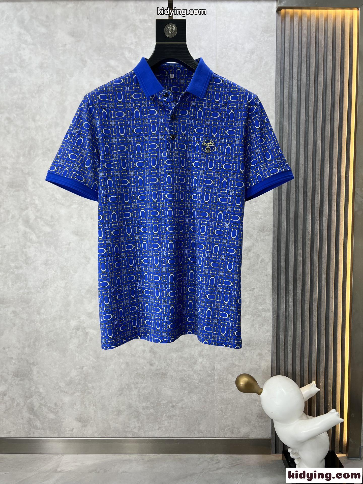 エルメス Tシャツ コピー 総柄プリント 半袖 コットンピケ ポロシャツ ブルー-1