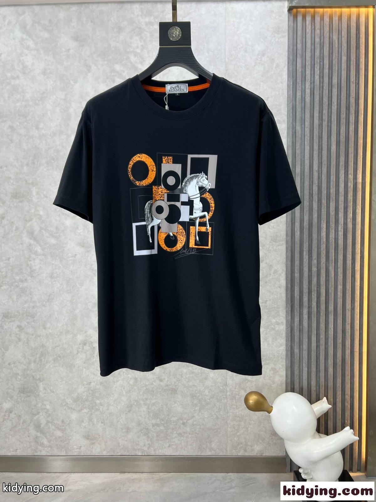 お洒落 プリント エルメス Tシャツ コピー クルーネック 半袖Tシャツ ブラック-2