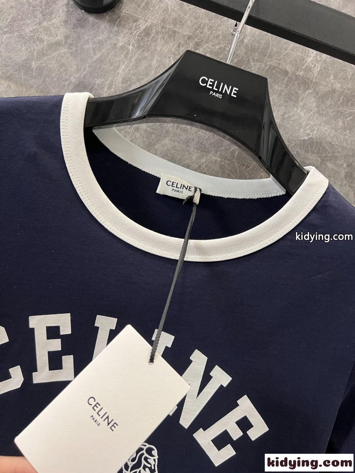 飽きのこない 人気 コットン 半袖Tシャツ セリーヌ Tシャツ コピー ブルー-3