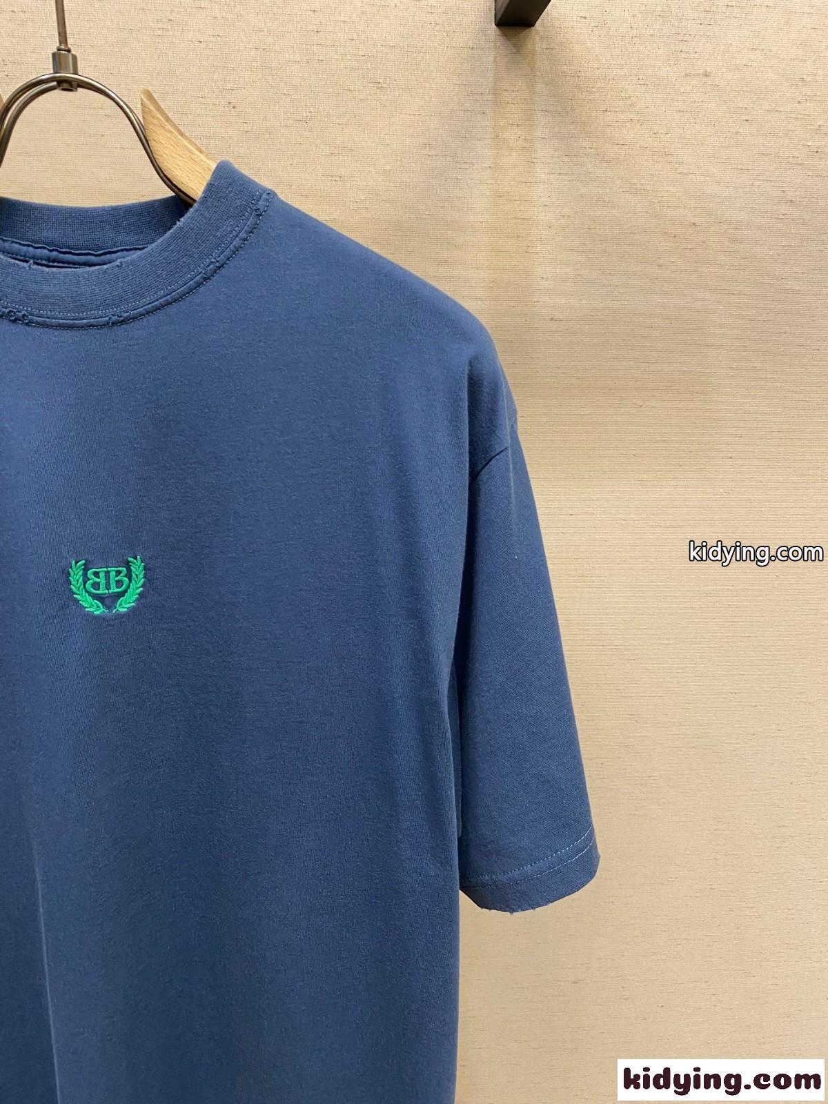 シンプル 刺繍入り クルーネック 半袖Tシャツ バレンシアガ Tシャツ コピー ブルー-2