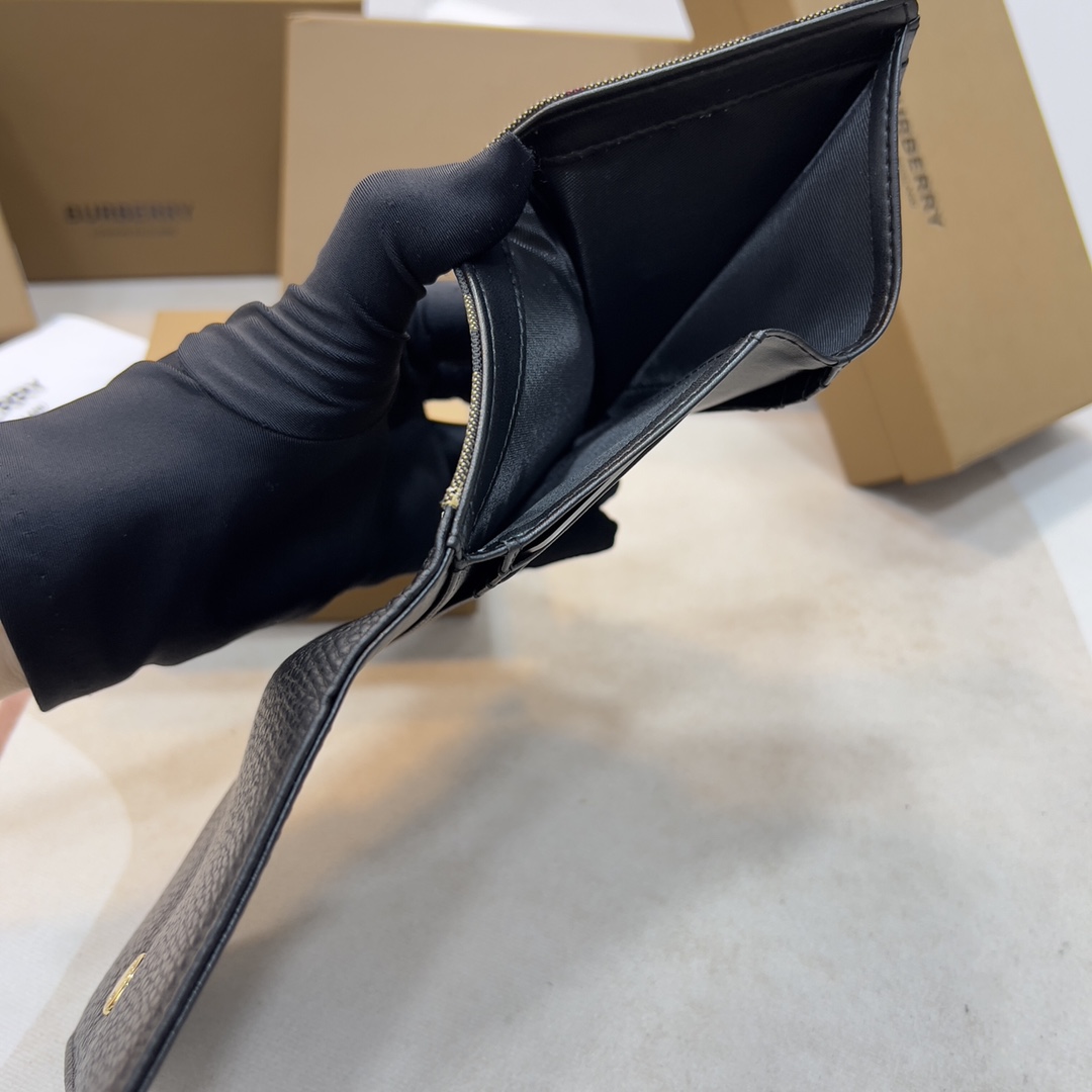 バーバリー 財布 コピー 人気 チェック＆レザー コンパクト財布 ブラック-4