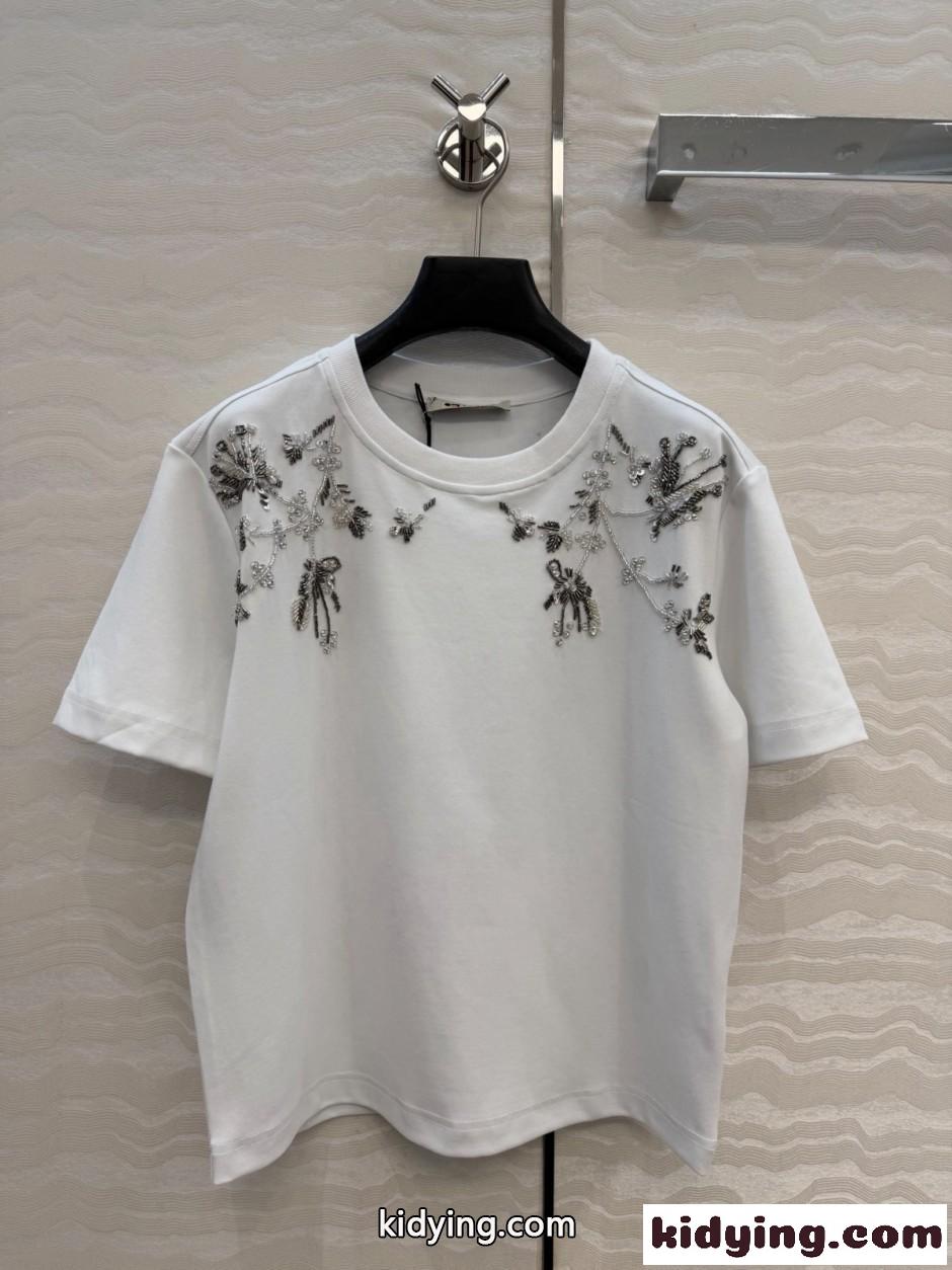 フラワービジュー刺繍 クルーネック 半袖Tシャツ プラダ Tシャツ 偽物 ホワイト-1