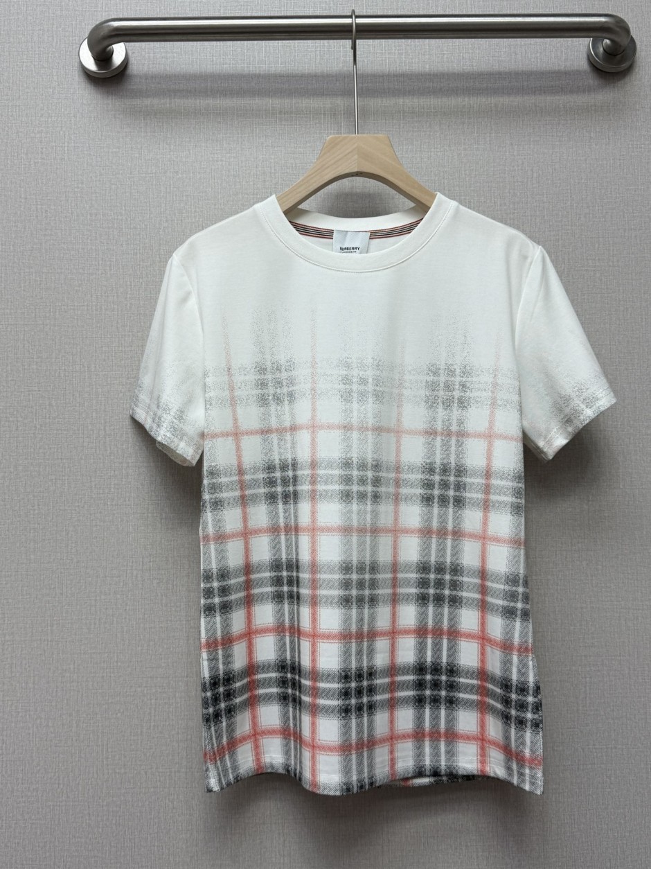 グラデーションチェック クルーネック 半袖Tシャツ バーバリー Tシャツ 偽物 ホワイト-0