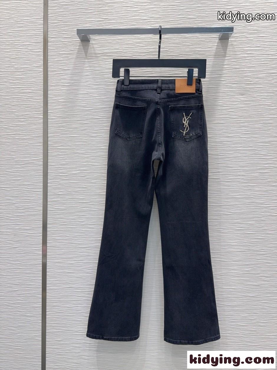 イヴ・サンローラン ジーンズ 偽物 合わせやすい フレア デニムパンツ ブラック-4
