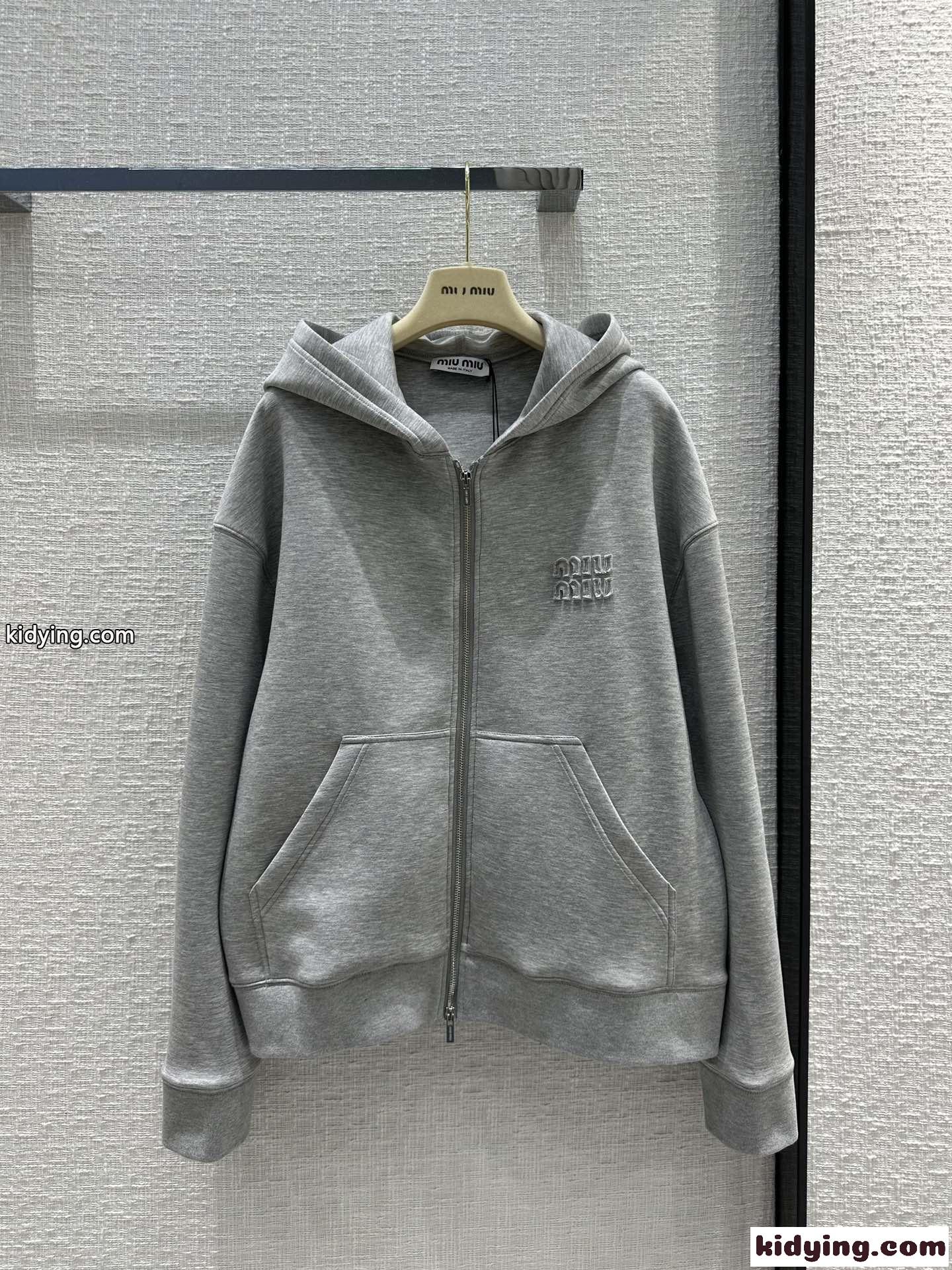 刺繍入り コットン フーディー ミュウミュウ パーカー コピー ユニセックス グレー-0