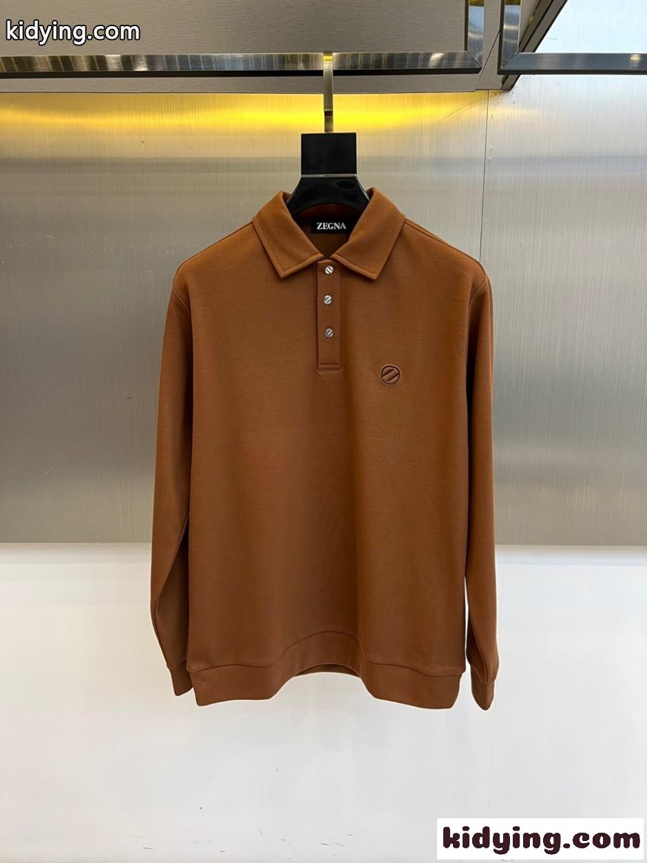エルメネジルド・ゼニア Tシャツ 偽物 シンプル 上品 ロゴ 長袖 ポロシャツ ブラウン-1