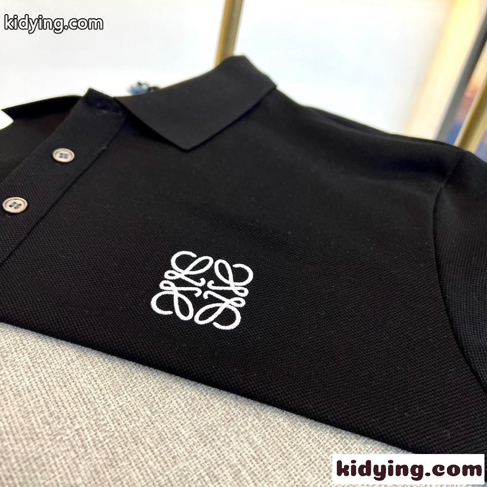 シンプル アナグラム 刺繍入り ロエベ Tシャツ 偽物 半袖 ポロシャツ ブラック-1