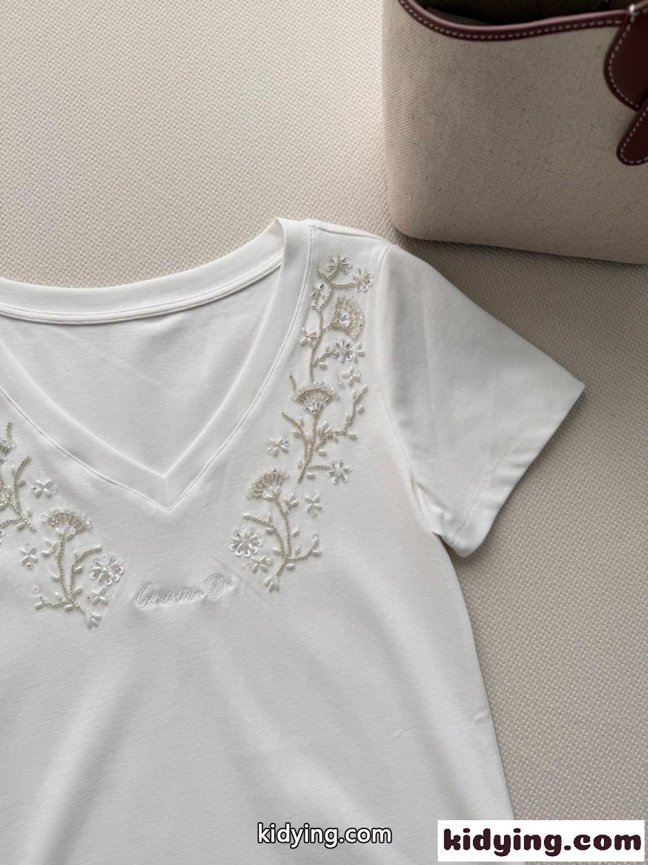 コットン Vネック 半袖Tシャツ クリスチャン・ディオール Tシャツ 偽物 ホワイト-2