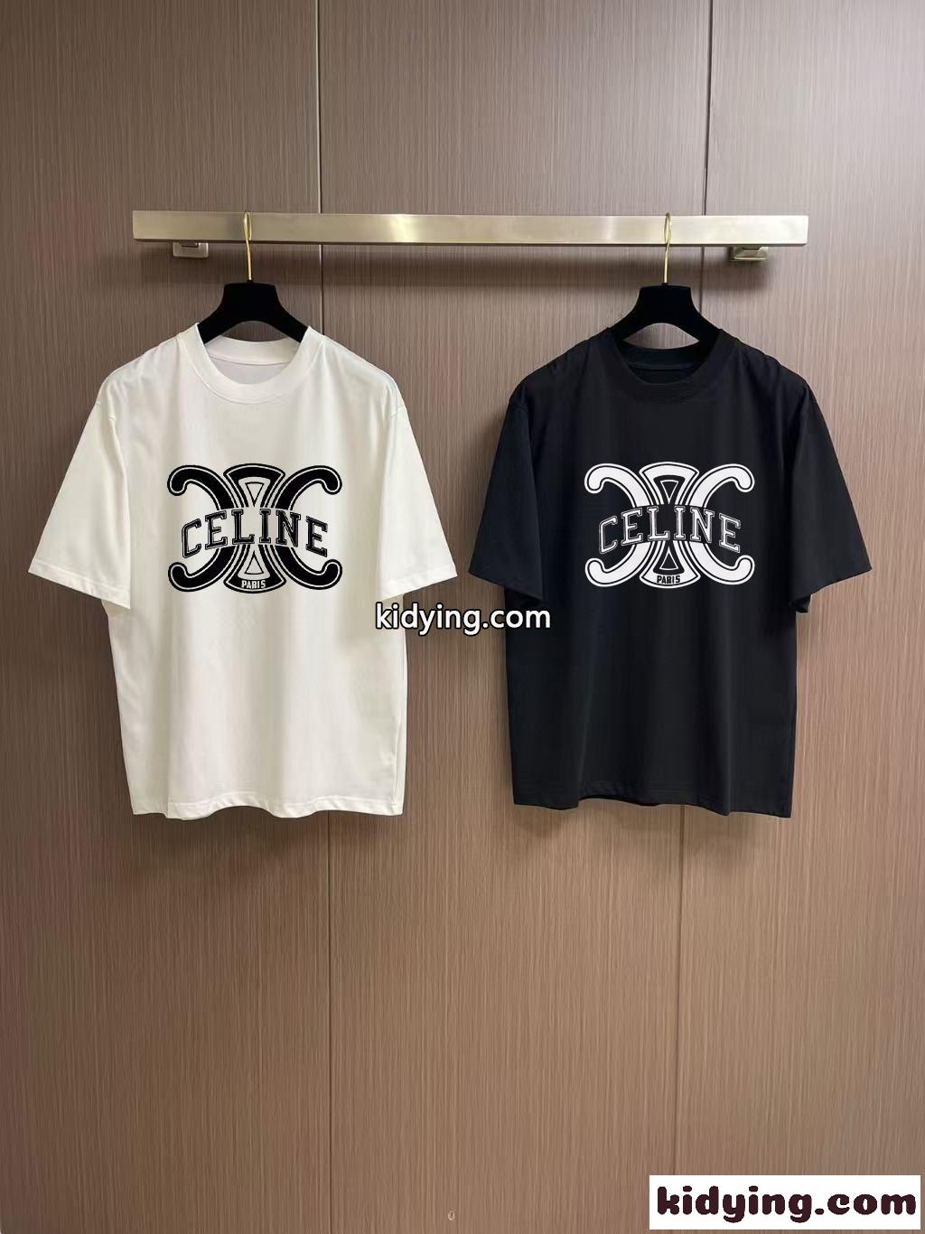 目を引く ロゴプリント クルーネック 半袖Tシャツ セリーヌ Tシャツ コピー コットン-0