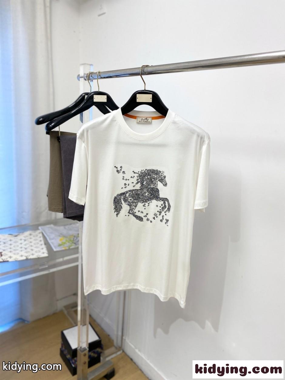 ホースモチーフ クルーネック 半袖Tシャツ エルメス Tシャツ 偽物 ホワイト-0