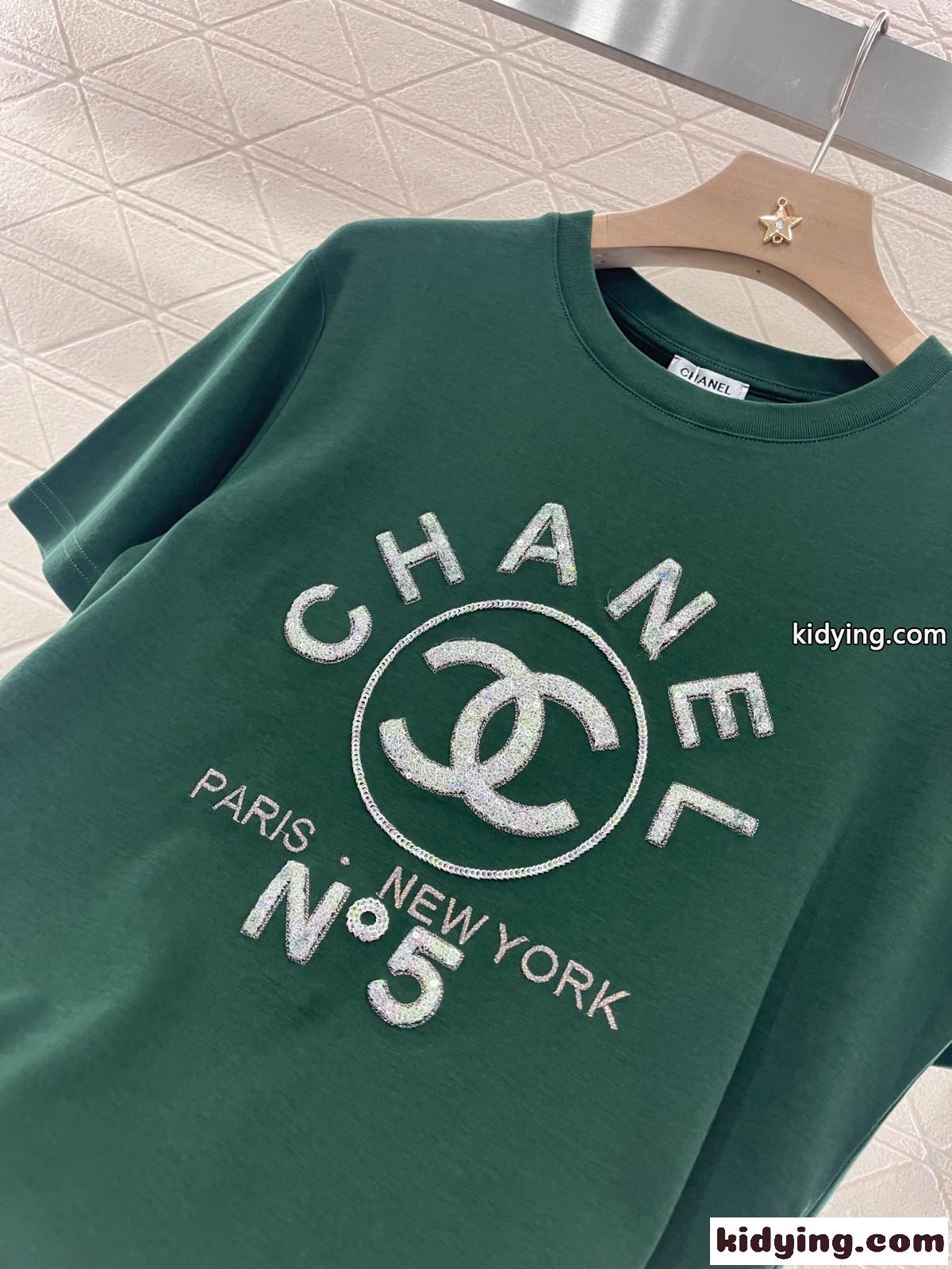 シャネル Tシャツ コピー シンプル ロゴ入り コットン 半袖Tシャツ グリーン-4