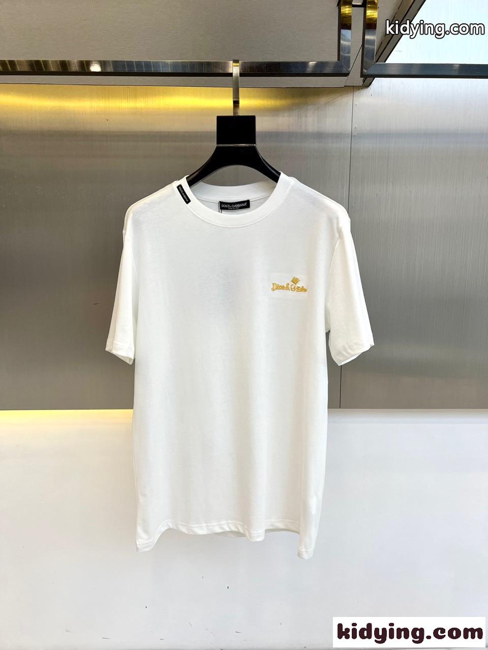 シンプル ロゴ刺繍 半袖Tシャツ ドルチェ&ガッバーナ Tシャツ 偽物 コットン ホワイト-0