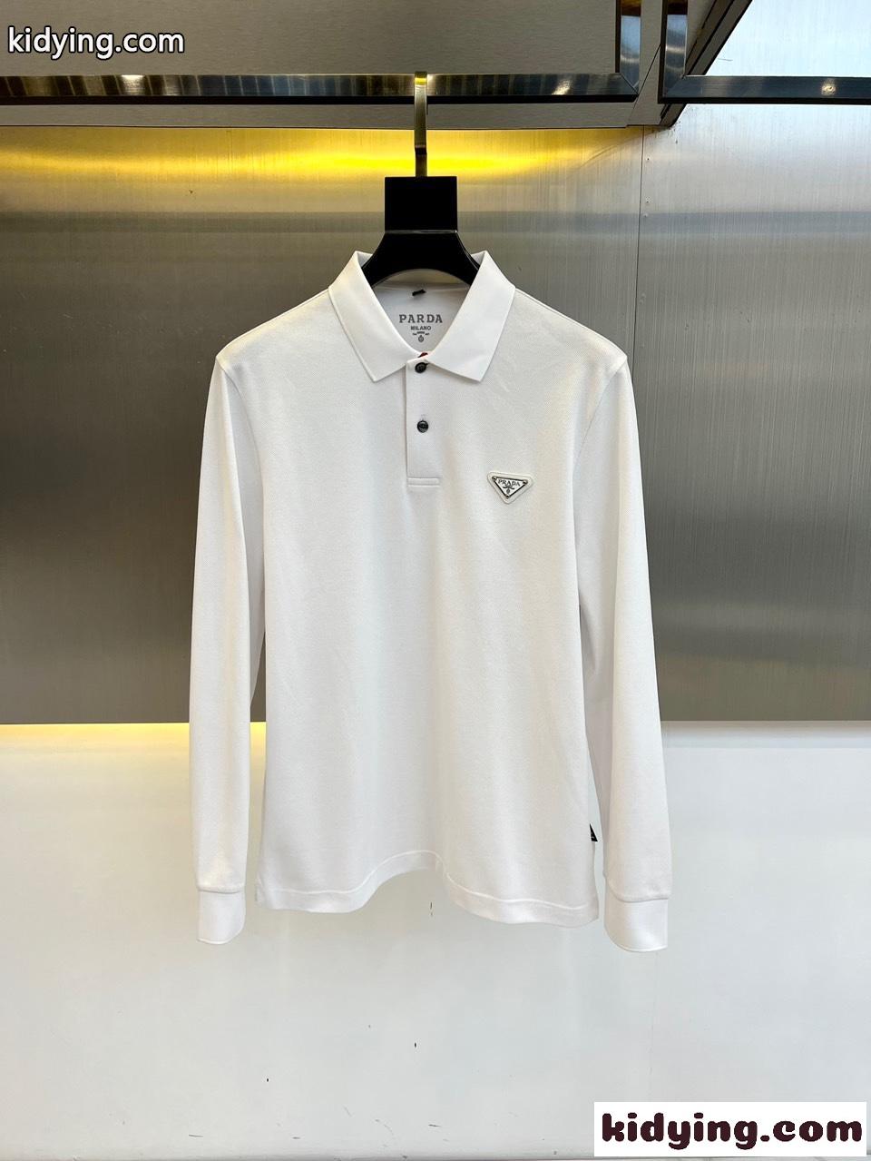 カジュアル 上品 コットン 長袖 ポロシャツ プラダ Tシャツ コピー ホワイト-0