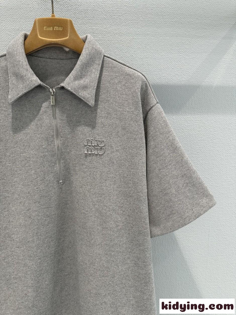 ハーフジップ コットンブレンド ポロシャツ ミュウミュウ Tシャツ コピー グレー-1