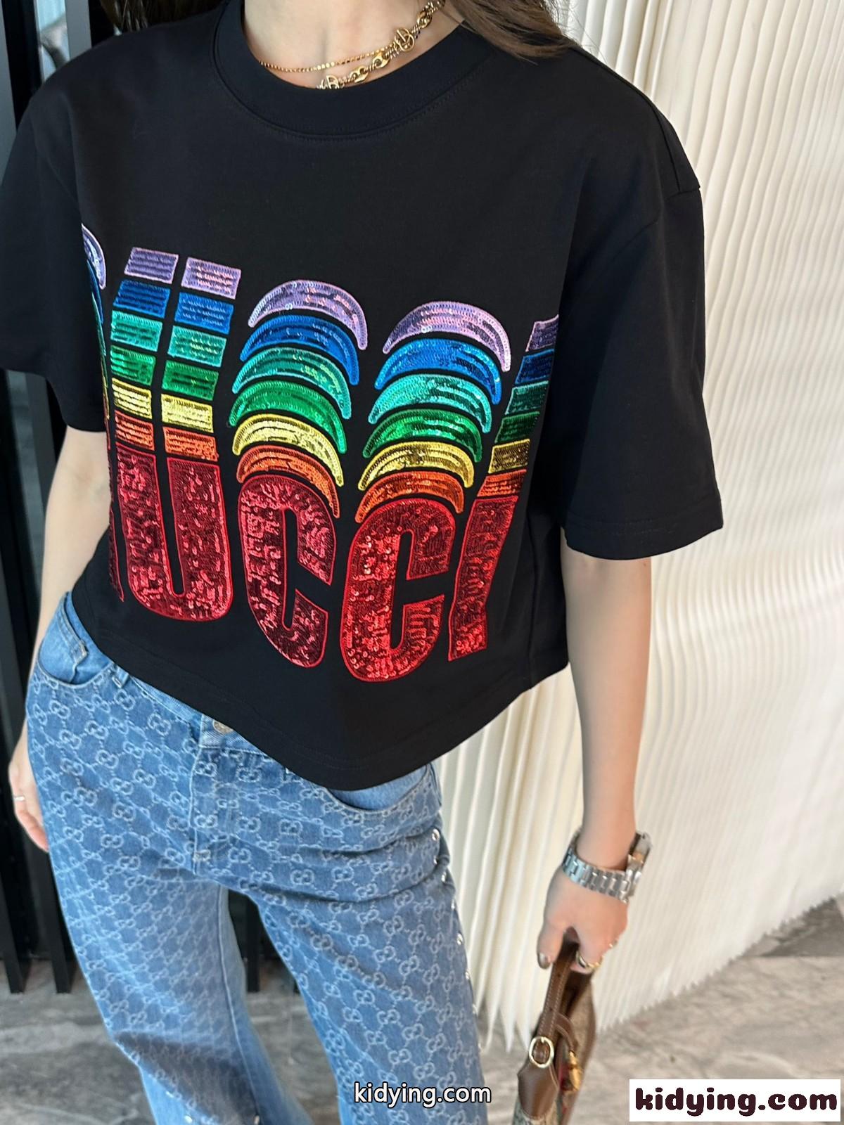 GUCCI エンブロイダリー入り コットン 半袖Tシャツ グッチ Tシャツ コピークロップド丈-2