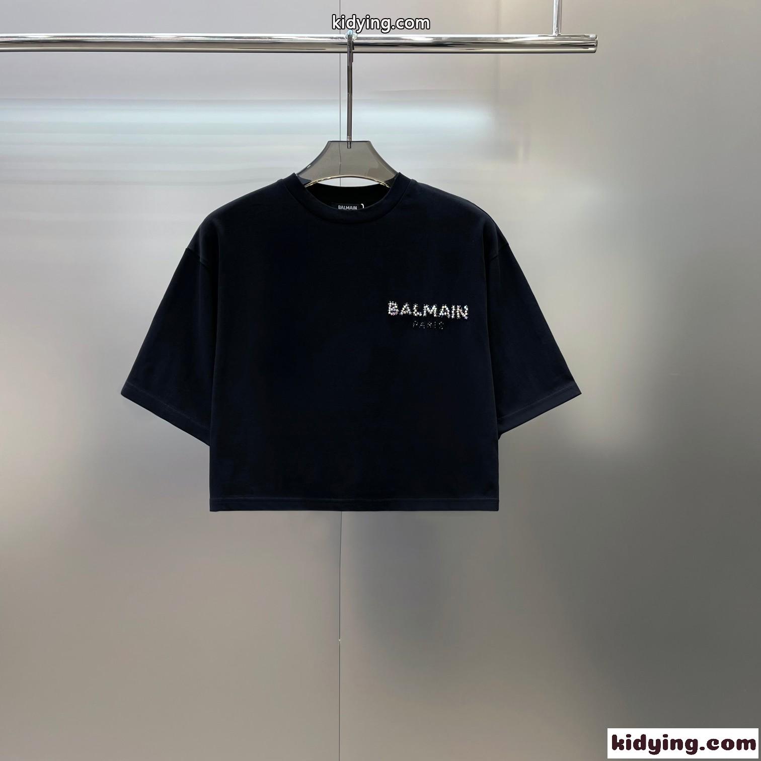 ロゴ刺繍 クロップドTシャツ バルマン Tシャツ コピー コットン 半袖 トップス-0