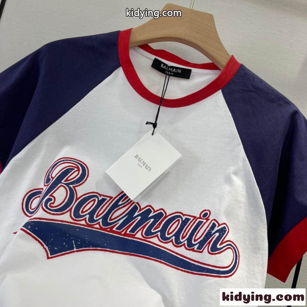 おしゃれ カジュアル ロゴ プリント ラウンドネック バルマン Tシャツ コピー 半袖 クロップ-4
