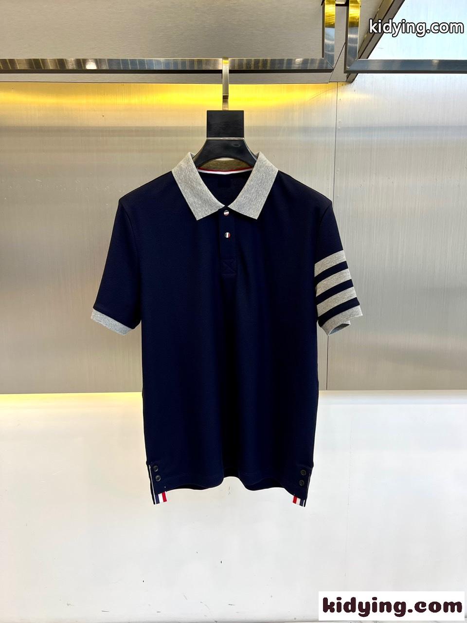 バイカラー コットン 半袖 ポロシャツ トムブラウン Tシャツ 偽物 ネイビー-0