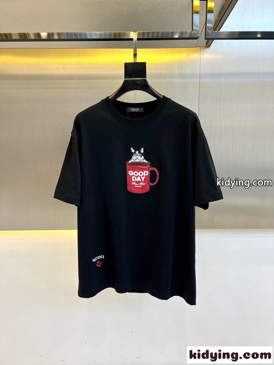 シンプル 可愛い 半袖Tシャツ グッチ Tシャツ 偽物 クルーネック ブラック-2