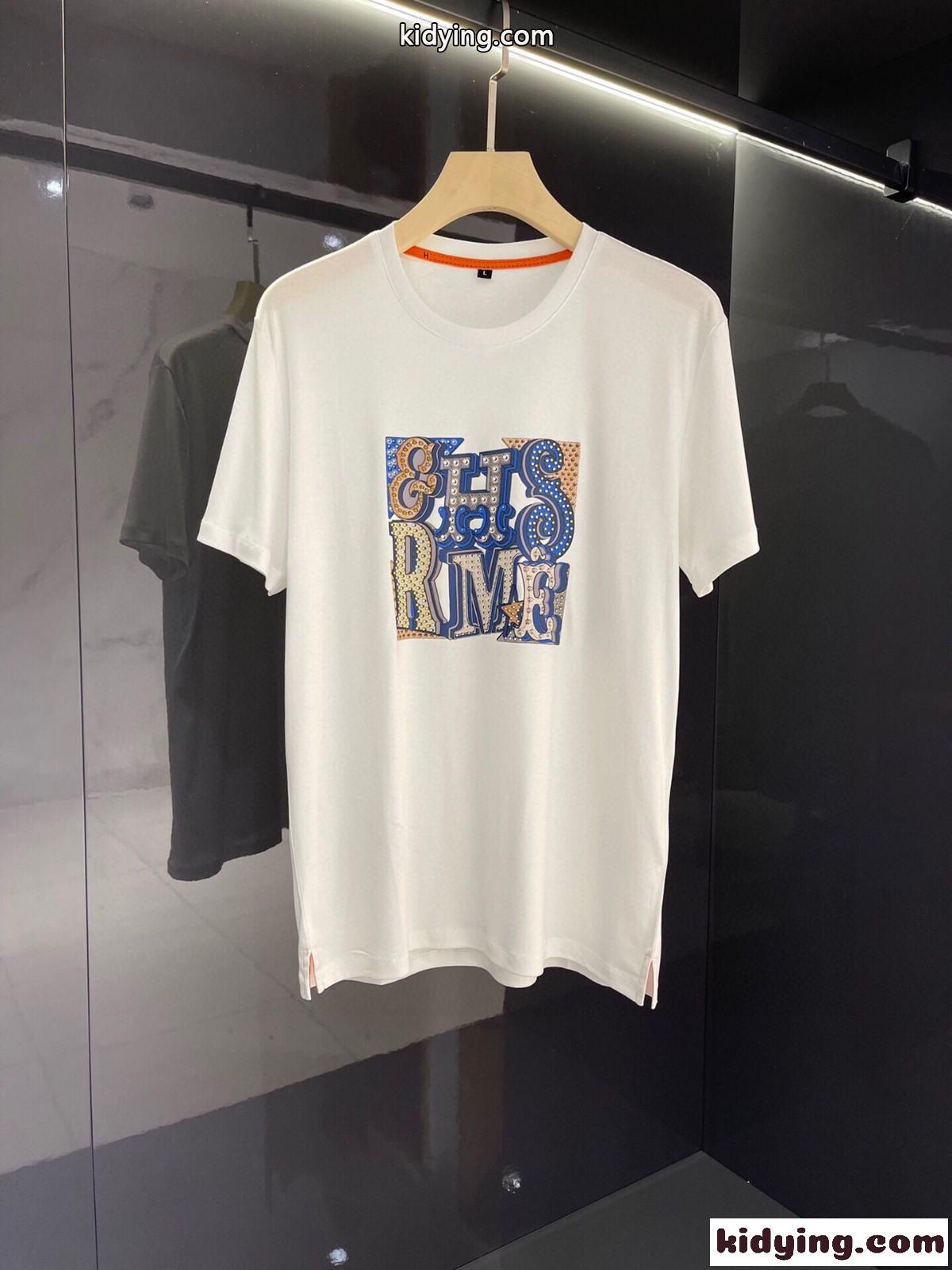 着心地いい シルケット コットン クルーネック ロゴ プリント エルメス 半袖tシャツ コピー 夏 トップス-3