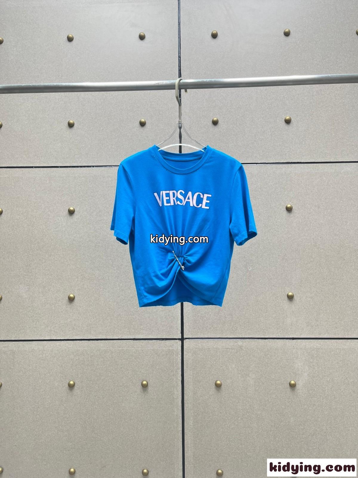 セーフティー ピン ロゴ ヴェルサーチェ Tシャツ コピー レディース 半袖 トップス ブルー-2
